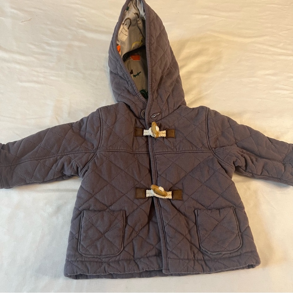 Baby Boden Quilted Hooded Jacket -‎ Gray with camping print inside